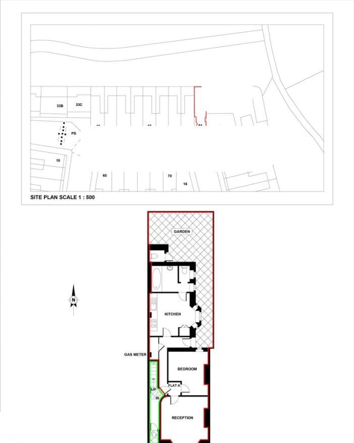 Example Land Registry lease plan for a residential flat, with the demised area edged in red and communal areas in green
