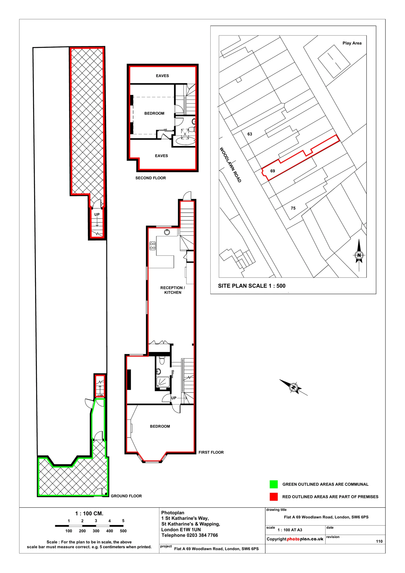 Example Land Registry lease plan for a split-level flat, with a 1:500 site plan, ground, first and second floor plans at 1:100, the demised premises edged in red and communal areas in green
