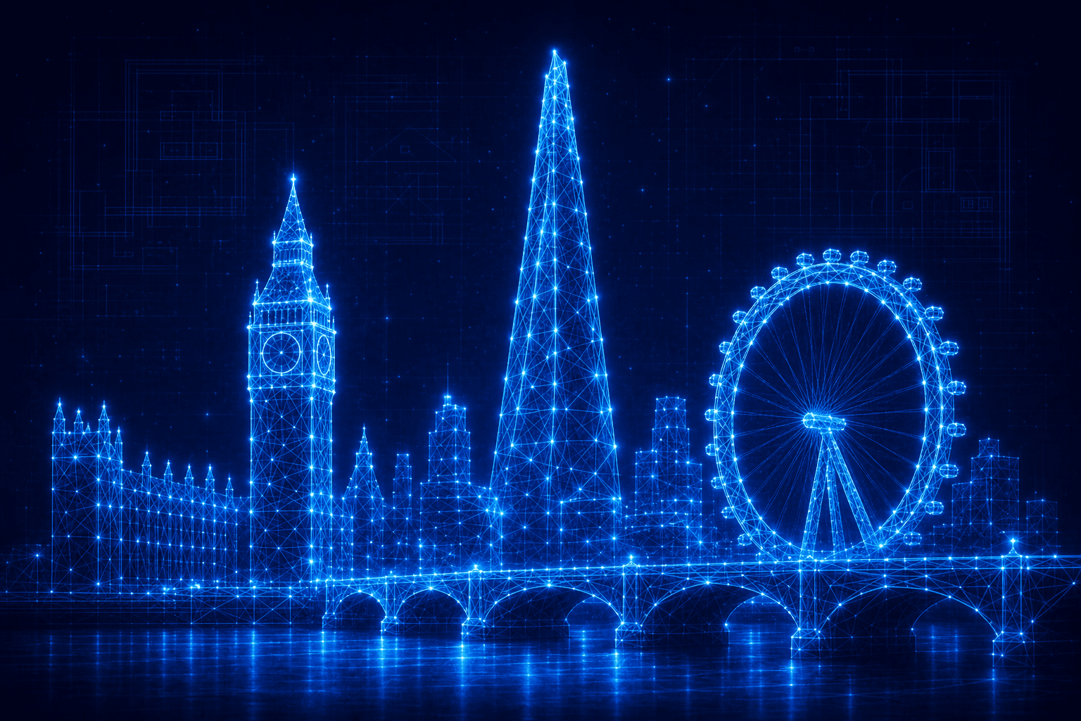 London lease plans — neon wireframe of the London skyline including Big Ben, the Shard and the London Eye