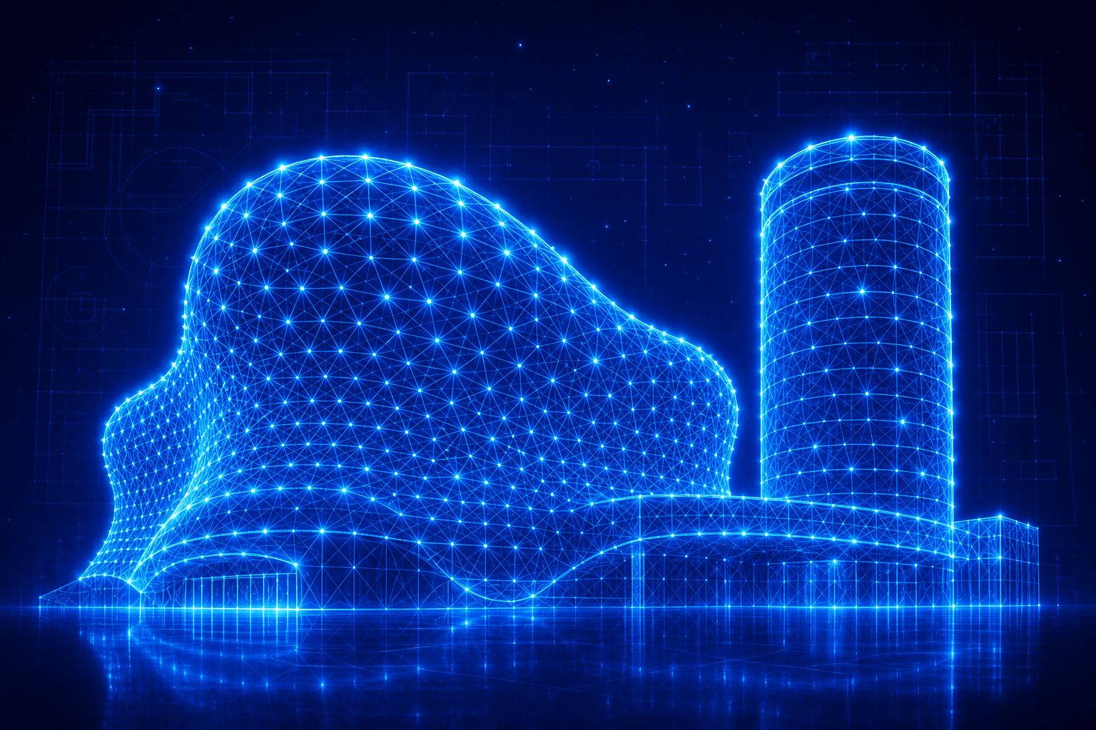 Neon wireframe of the Birmingham Bullring Selfridges building and the Rotunda tower