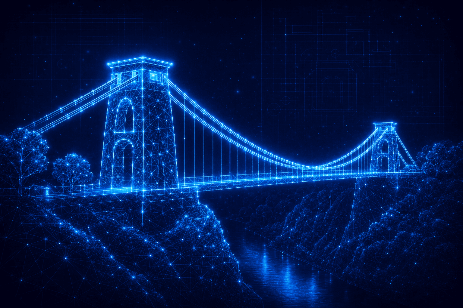 Neon wireframe of the Clifton Suspension Bridge spanning the Avon Gorge in Bristol