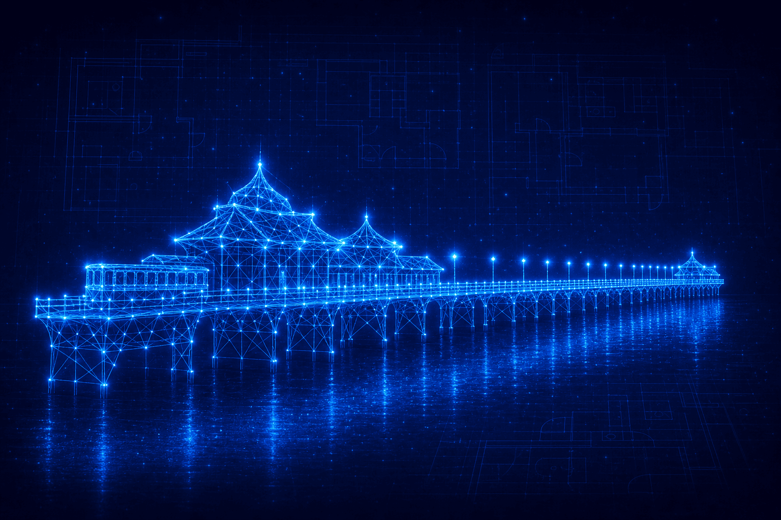Neon wireframe of Southend-on-Sea pier stretching out over the sea in Essex