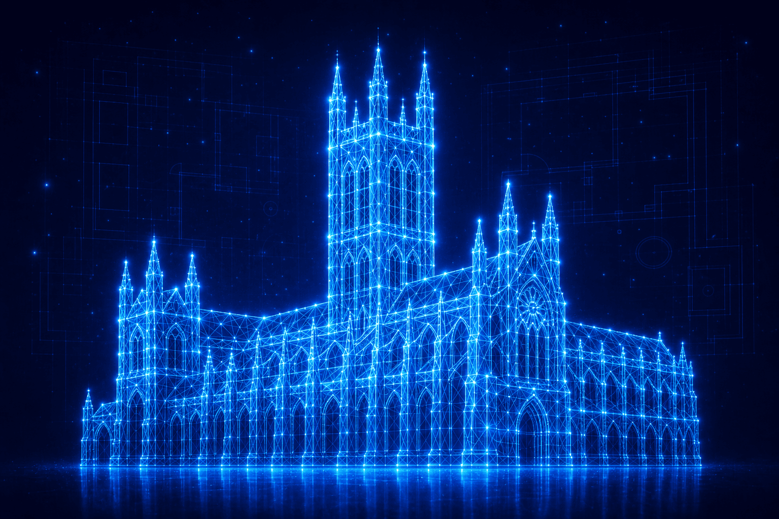 Neon wireframe of Canterbury Cathedral with its Gothic central tower in Kent