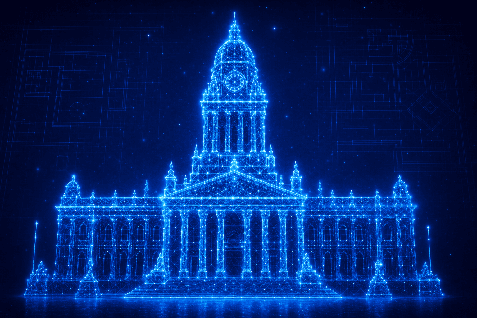 Neon wireframe of Leeds Town Hall with its clock tower and classical columns