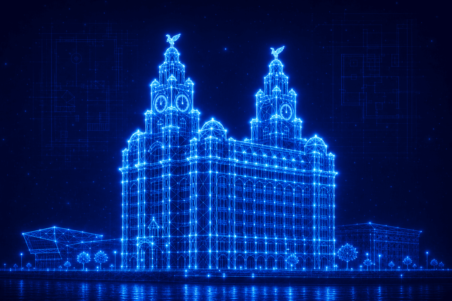 Neon wireframe of the Royal Liver Building with its clock towers on the Liverpool waterfront