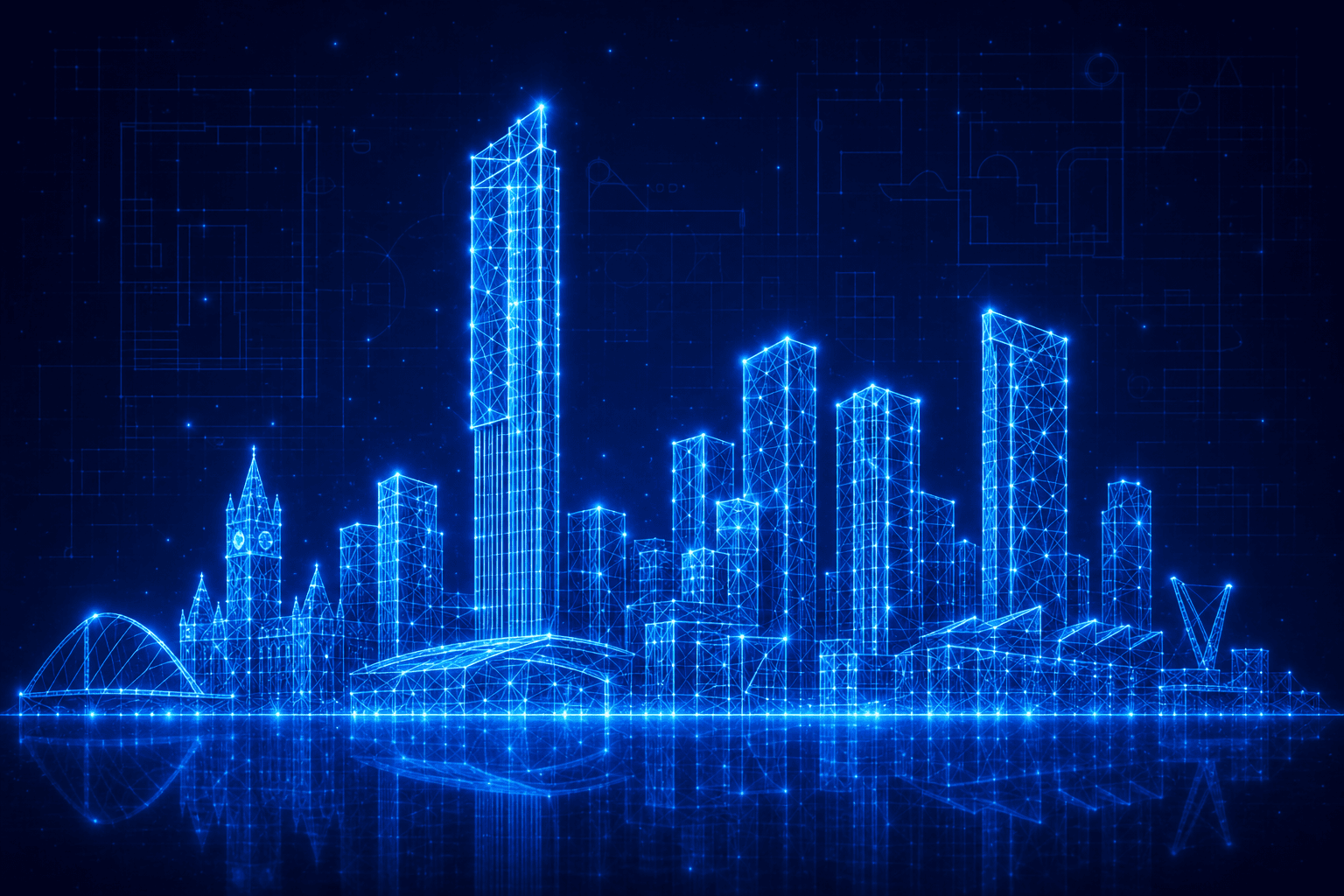 Neon wireframe of the Manchester skyline with Beetham Tower and Deansgate Square towers
