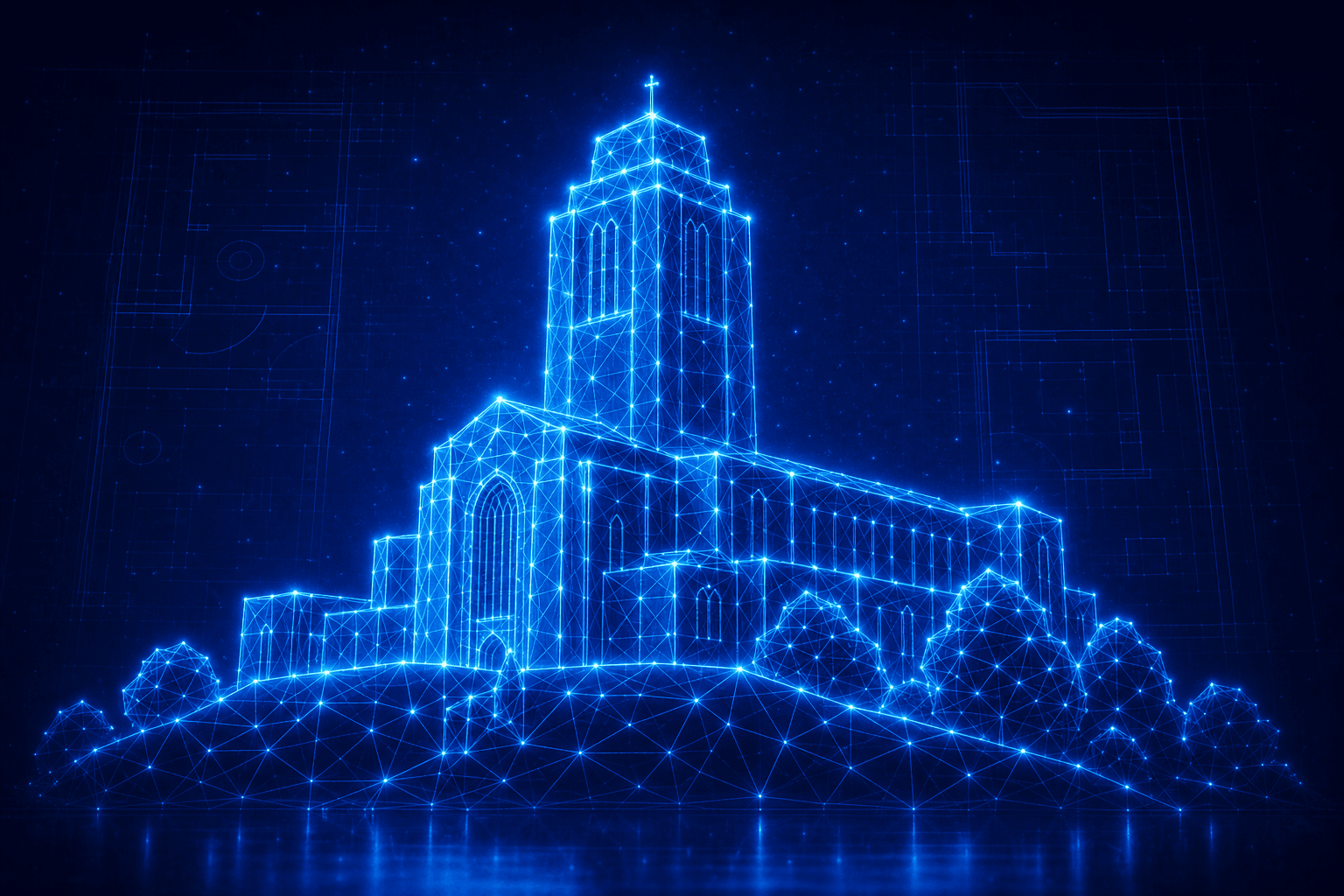 Neon wireframe of Guildford Cathedral standing on its hill in Surrey