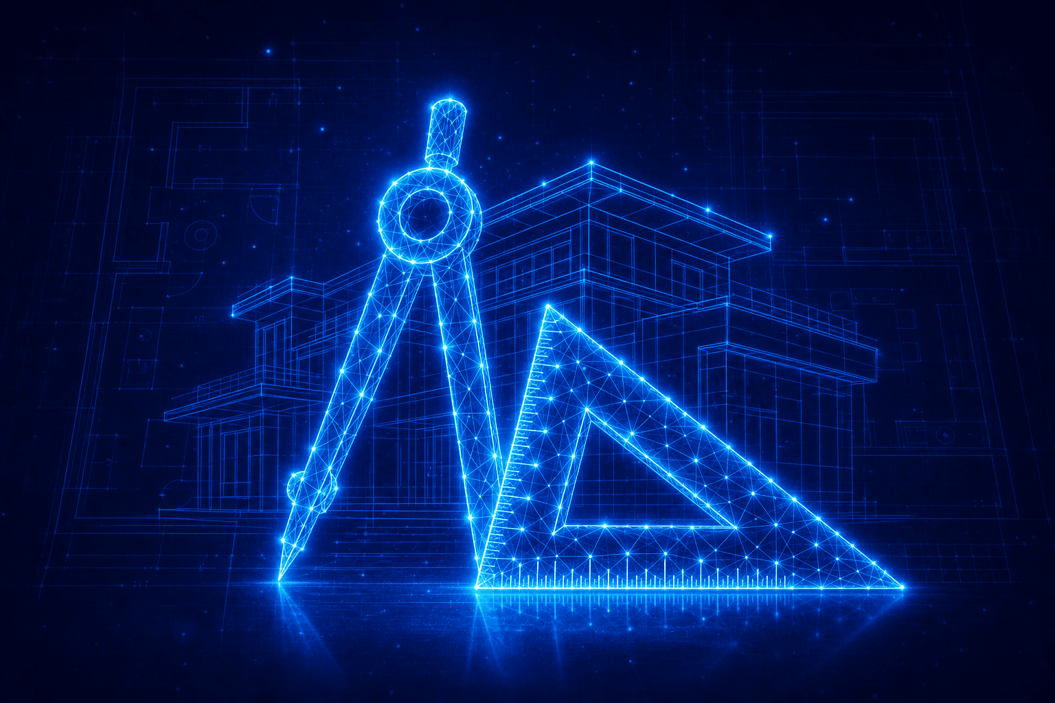 Neon wireframe of a drafting compass and set square over a building blueprint representing architectural lease plans
