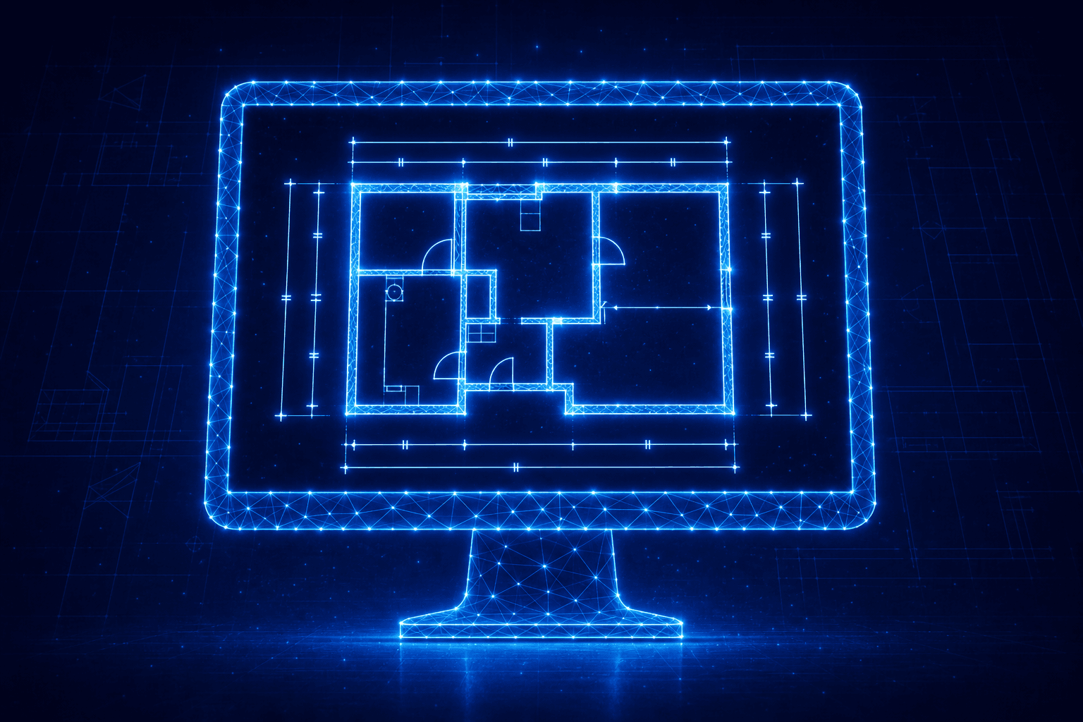Neon wireframe of a monitor displaying a CAD floor plan with dimension lines representing CAD lease plans