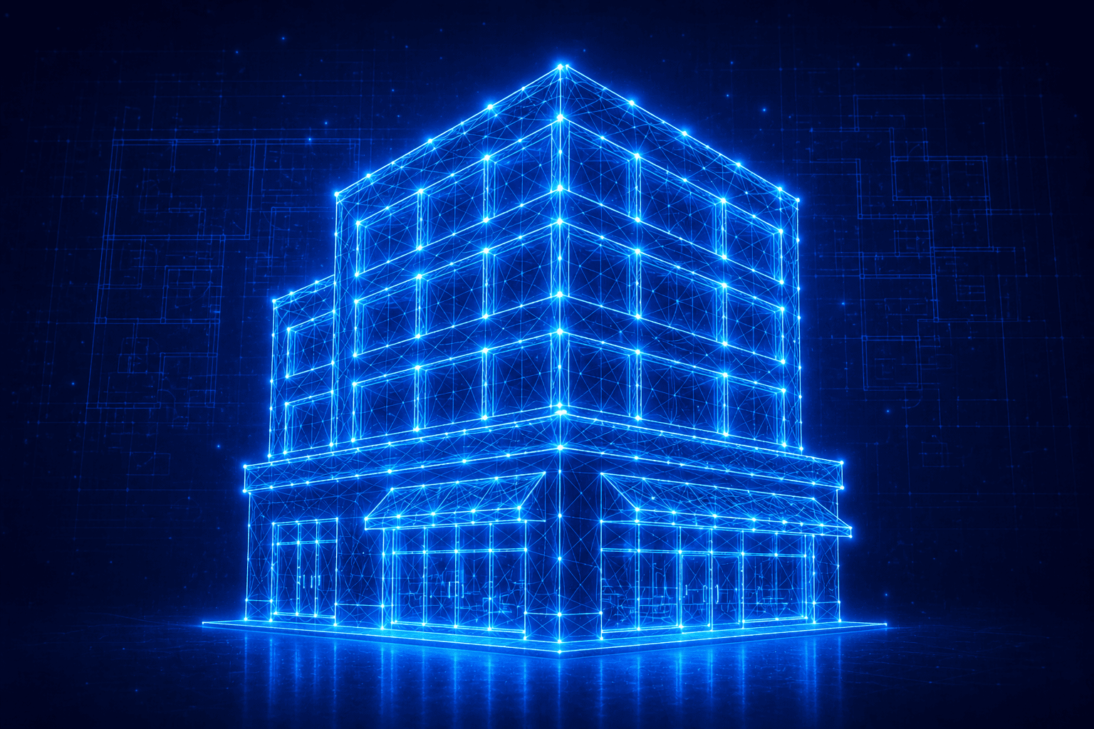 Neon wireframe of a commercial office building with a retail shopfront representing commercial lease plans