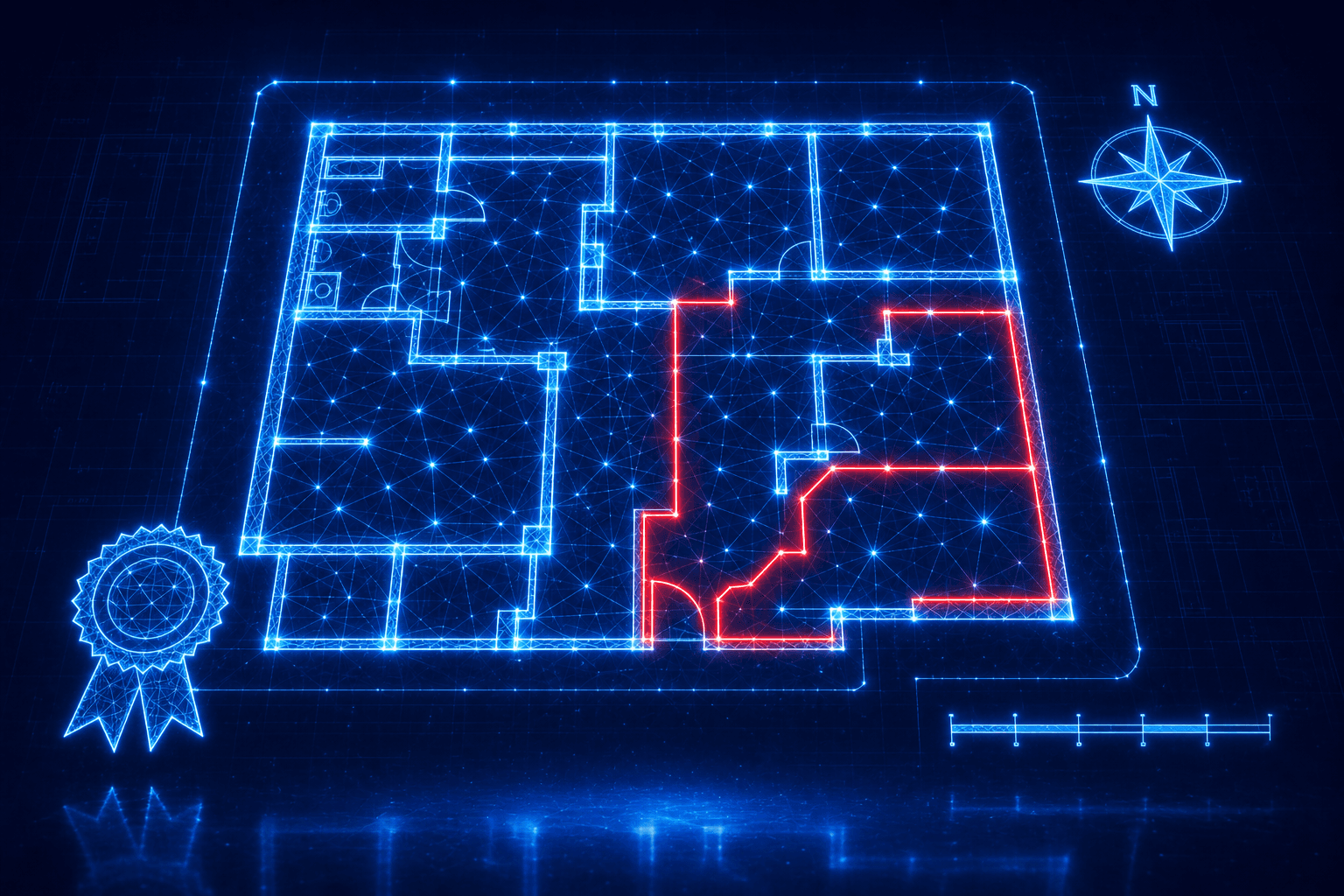 Neon wireframe of a Land Registry lease plan with the demised area edged in red, a north point and scale bar