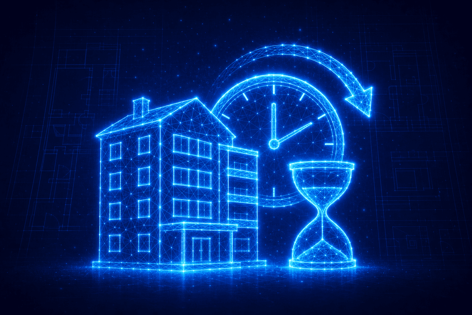 Neon wireframe of an apartment building beside a clock and hourglass representing lease extensions