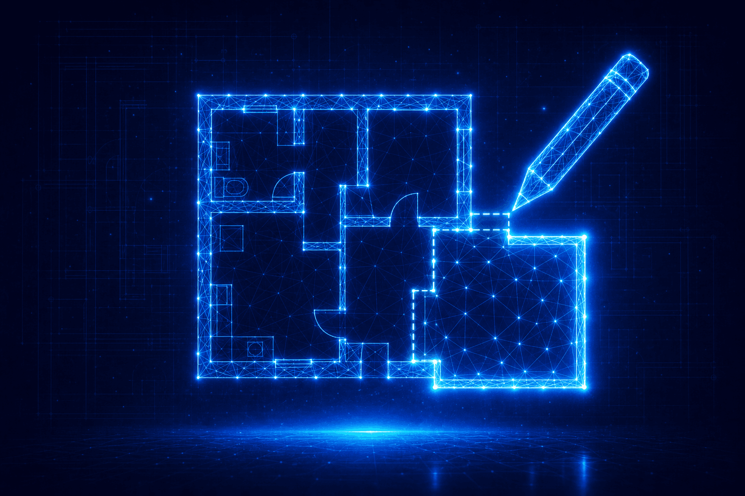 Neon wireframe of a floor plan with an added area and a pencil representing a deed of variation