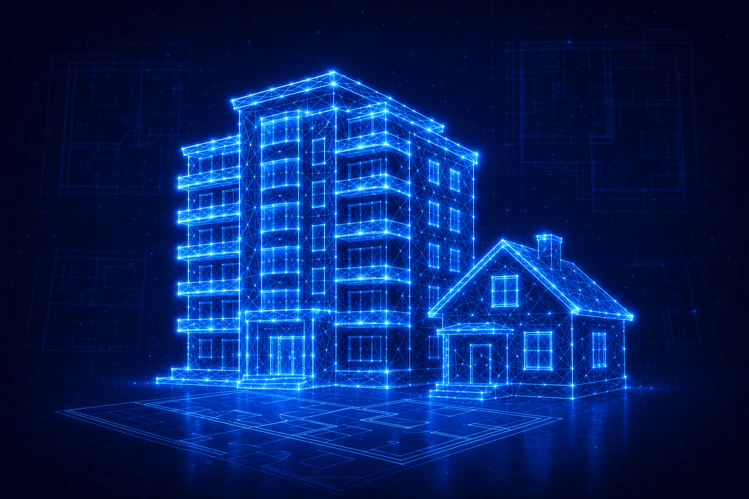 Neon wireframe of a residential apartment block and house representing residential lease plans