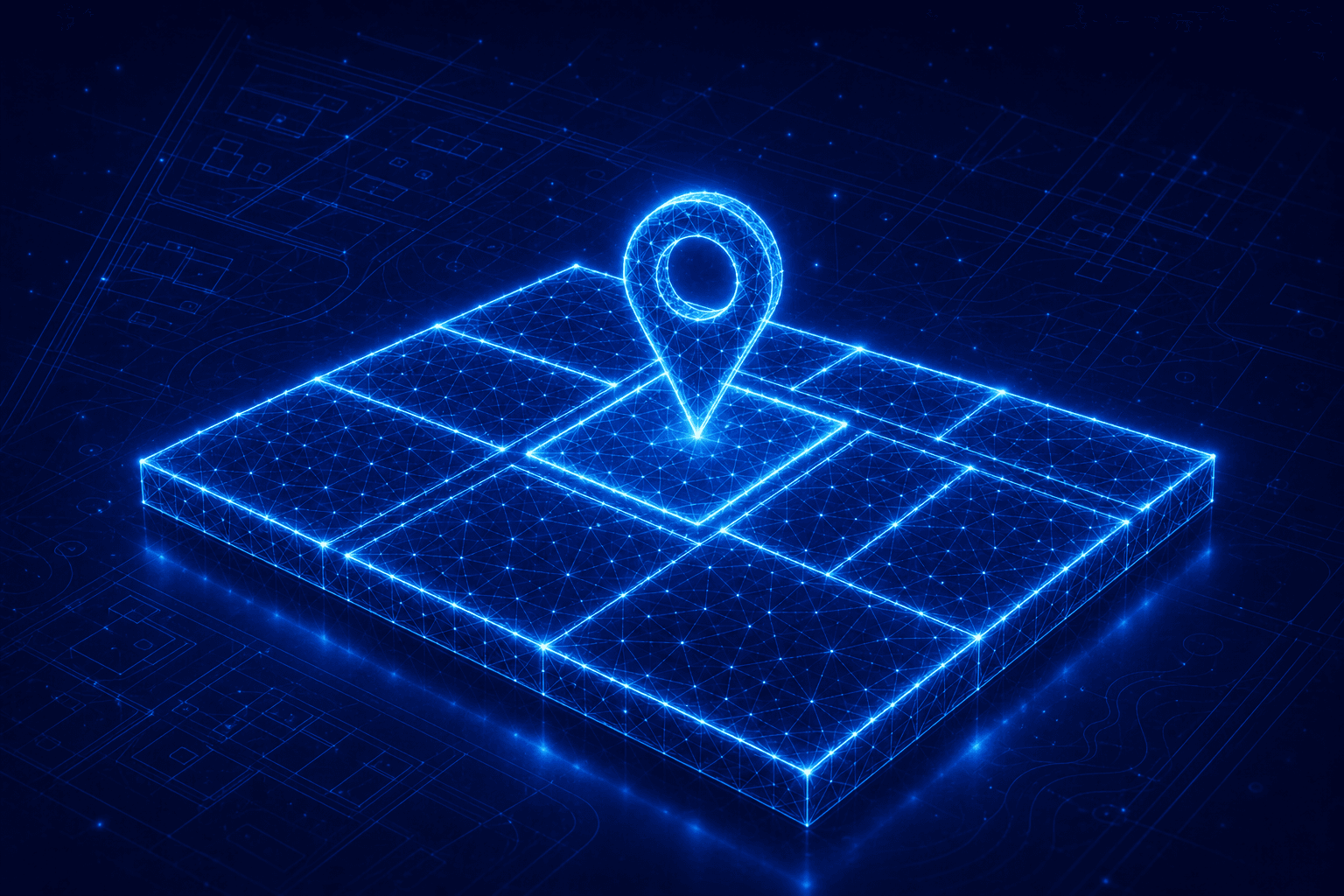 Neon wireframe of a land parcel map with boundary lines and a location pin representing title plans and transfer of part plans